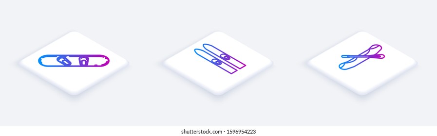 Set Isometric line Snowboard, Ski and sticks and Rafting boat. White square button. Vector