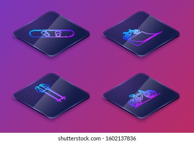 Set Isometric line Snowboard, Ski poles, Bicycle on street ramp and Bicycle. Blue square button. Vector