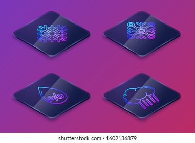 Set Isometric line Snowflake, Water drop percentage, Snowflake and Cloud with rain. Blue square button. Vector