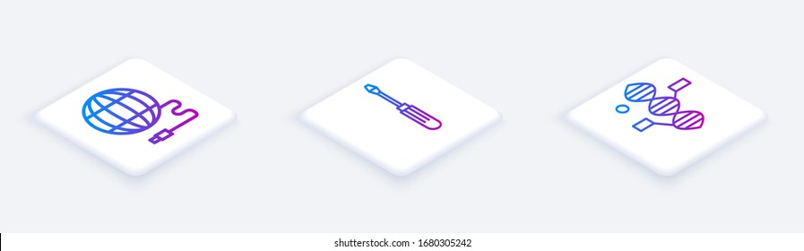 Set Isometric line Social network, Screwdriver and DNA symbol. White square button. Vector