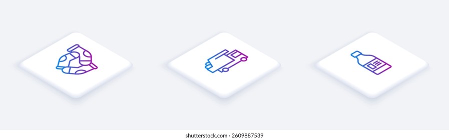 Set Isometric line Socks, Garbage truck and Bottle for cleaning agent. White square button. Vector