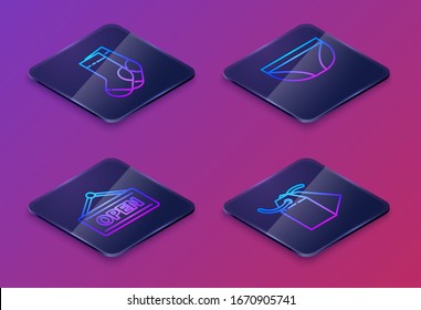 Set Isometric line Socks, Hanging sign with Open, Underwear and Blank label template price tag. Blue square button. Vector