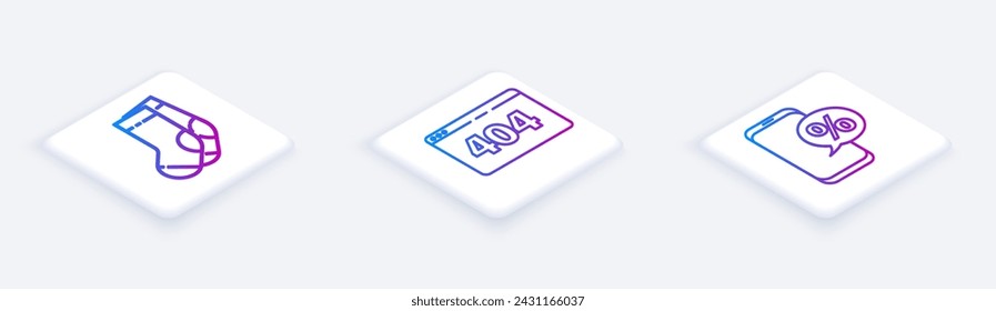 Set Isometric line Socks, Page with a 404 error and Percent discount and phone. White square button. Vector