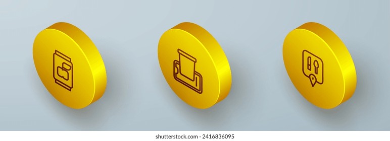Set Isometrische Linie Soda Dose, Food-Bestellung auf Handy und Cafe und Restaurant-Location Symbol. Vektorgrafik