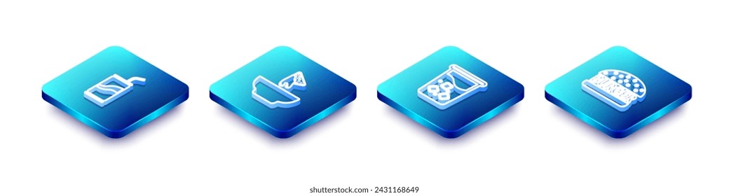 Set Isometric line Soda can with drinking straw, Nachos plate, Glass water and Burger icon. Vector