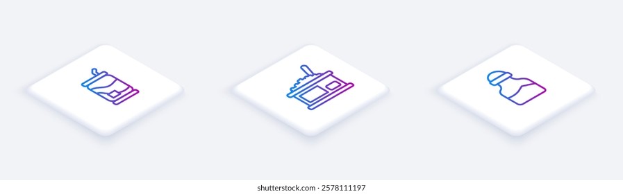 Set Isometric line Soda can, Tin with caviar and Spice. White square button. Vector