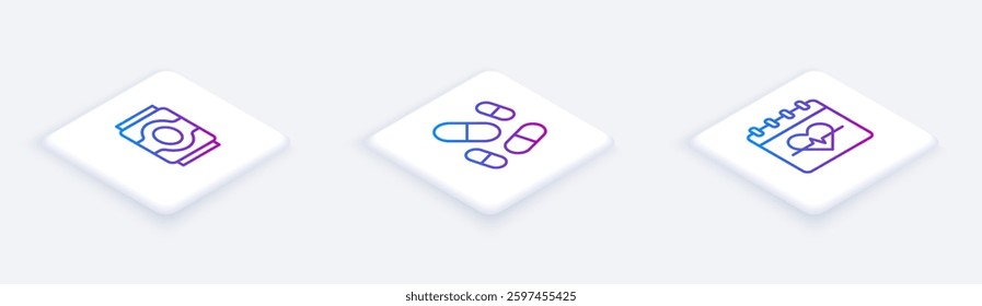 Set Isometric line Soda can, Vitamin pill and Heart rate. White square button. Vector