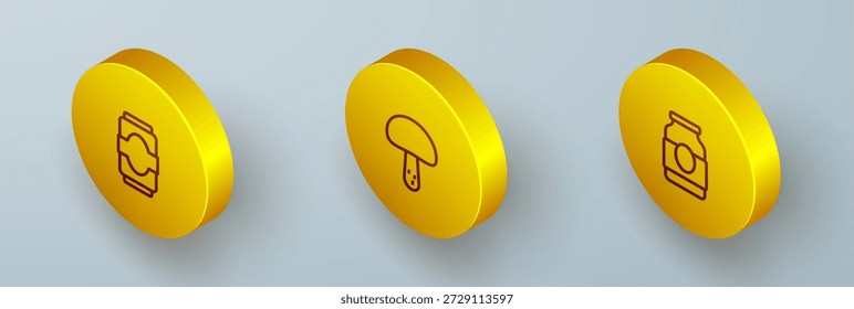 Conjunto de línea isométrica lata de refrescos, champiñón y icono de tarro de mermelada. Vector
