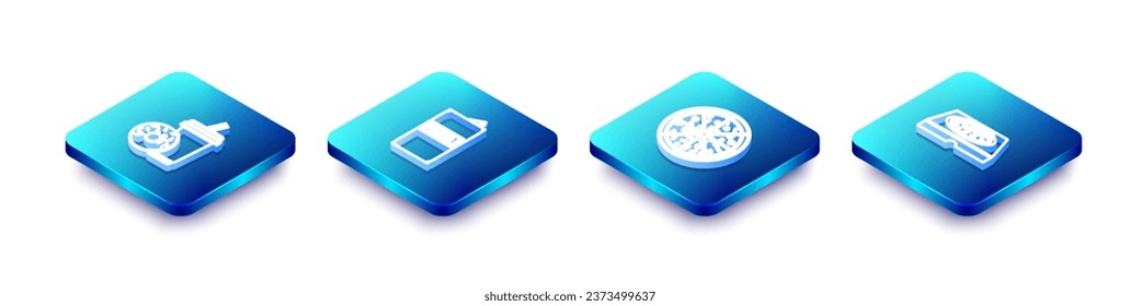 Set Isometric line Soda drink with donut, Beer can, Pizza and cardboard box icon. Vector
