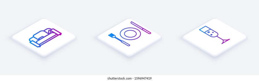 Set Isometric line Sofa , Plate, fork and knife  and Glass of champagne . White square button. Vector