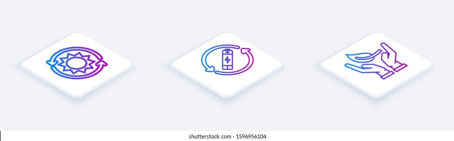 Set Isometric line Solar energy panel, Battery with recycle symbol line and Sprout in hand of environmental protection. White square button. Vector