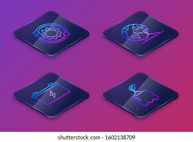 Set Isometric line Solar energy panel, Car battery, Earth globe and plant and Sprout in bottle. Blue square button. Vector