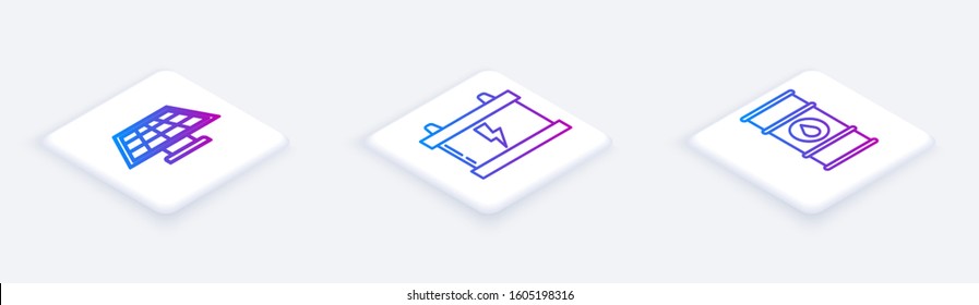 Set Isometric line Solar energy panel, Car battery and Oil barrel line. White square button. Vector