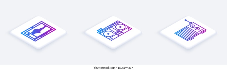 Set Isometric line Sound or audio recorder on laptop, DJ remote for playing and mixing music and Radio with antenna. White square button. Vector