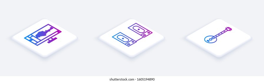 Set Isometric line Sound or audio recorder on monitor, Stereo speaker and Banjo. White square button. Vector