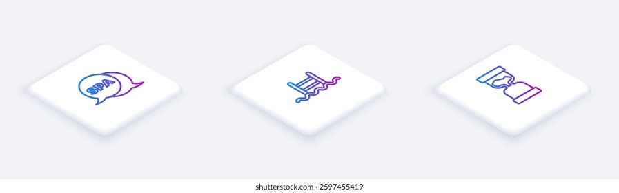 Set Isometric line Spa salon, Swimming pool with ladder and Old hourglass. White square button. Vector