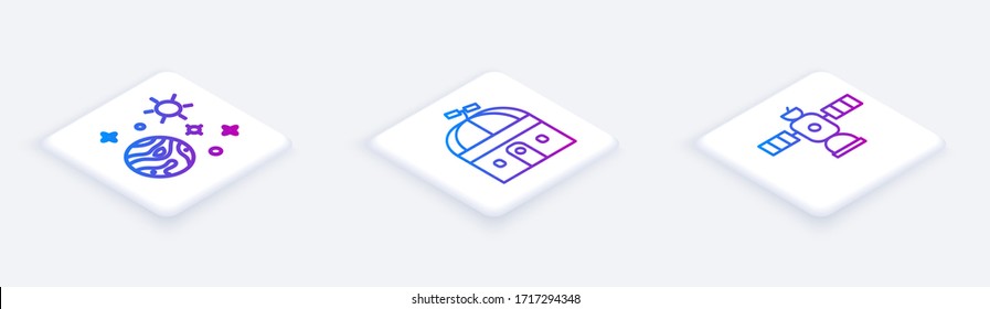 Set Isometric line Space and planet, Astronomical observatory and Satellite. White square button. Vector