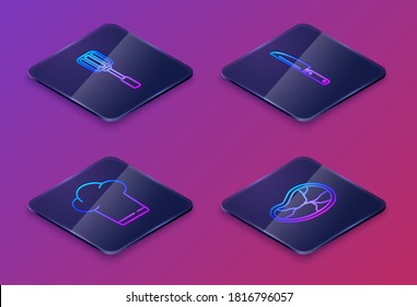Set Isometric line Spatula, Chef hat, Knife and Steak meat. Blue square button. Vector