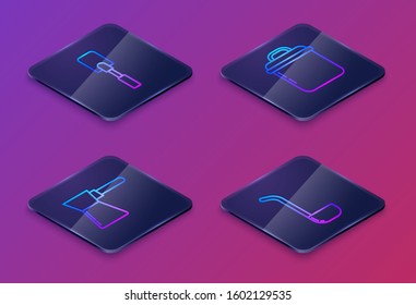 Set Isometric line Spatula , Coffee turk , Cooking pot  and Kitchen ladle . Blue square button. Vector