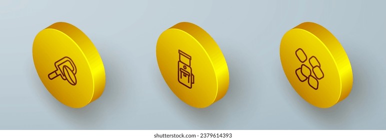Set Isometric line Spatula with coffee grain, Electric grinder and Sugar cubes icon. Vector
