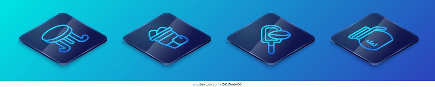 Set Isometric line Spatula with coffee grain, Coffee table, pot and Iced icon. Vector