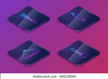 Set Isometric line Spatula , Covered with a tray of food , Rolling pin  and Kitchen ladle . Blue square button. Vector