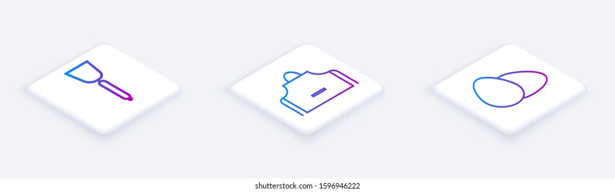 Set Isometric line Spatula , Kitchen apron  and Chicken egg . White square button. Vector