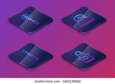 Set Isometric line Spatula , Knife , Kettle with handle  and Kitchen apron . Blue square button. Vector