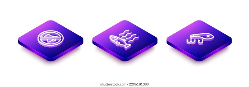 Set Isometric line Speaker mute, Dead fish and Fishing lure icon. Vector