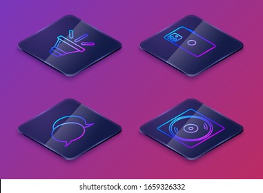 Set Isometric line Speaker volume, Speech bubble chat, Smartphone, mobile phone and Vinyl disk. Blue square button. Vector
