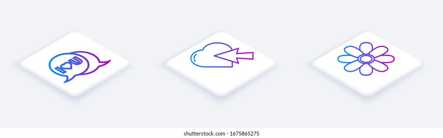 Set Isometric line Speech bubble with I love you, Heart and cursor click and Flower. White square button. Vector