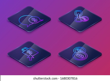 Set Isometric line Speech bubble with dollar, Shoping bag and dollar, Chain link and coin and Cryptocurrency coin Bitcoin. Blue square button. Vector