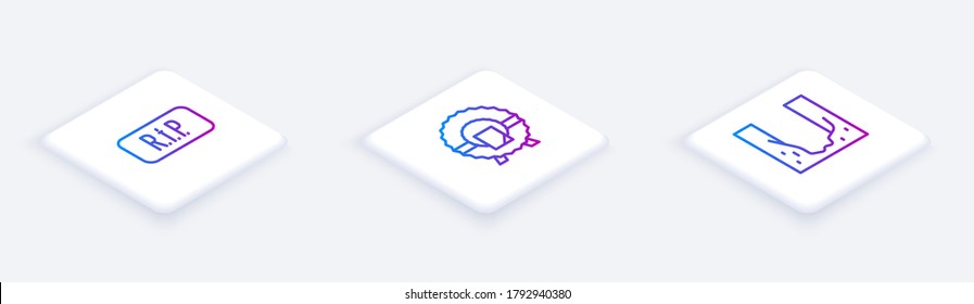Set Isometric line Speech bubble rip death, Memorial wreath and Cemetery digged grave hole. White square button. Vector