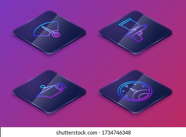 Set Isometric line Speedometer, Canister for motor machine oil, Paint spray gun and Speedometer. Blue square button. Vector