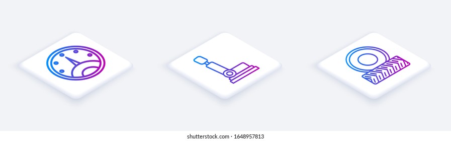 Set Isometric line Speedometer, Car seat and Car wheel. White square button. Vector