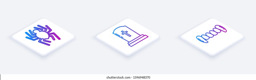 Set Isometric line Spider , Tombstone with cross  and Vampire teeth . White square button. Vector