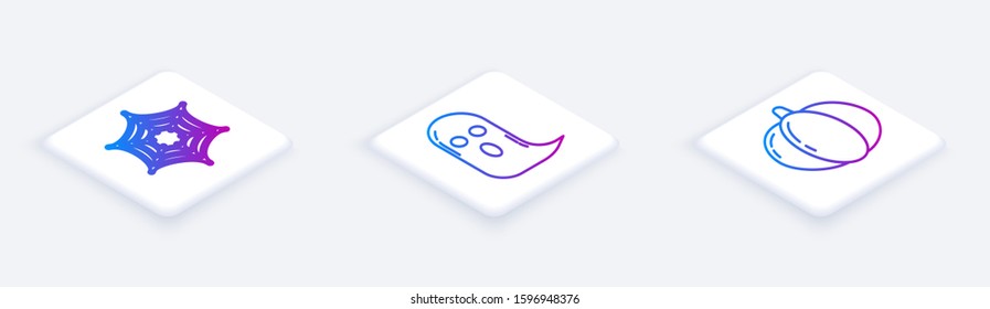 Set Isometric line Spider web , Ghost  and Pumpkin . White square button. Vector