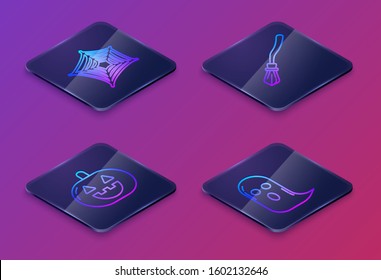 Set Isometric line Spider web , Pumpkin , Witches broom  and Ghost . Blue square button. Vector