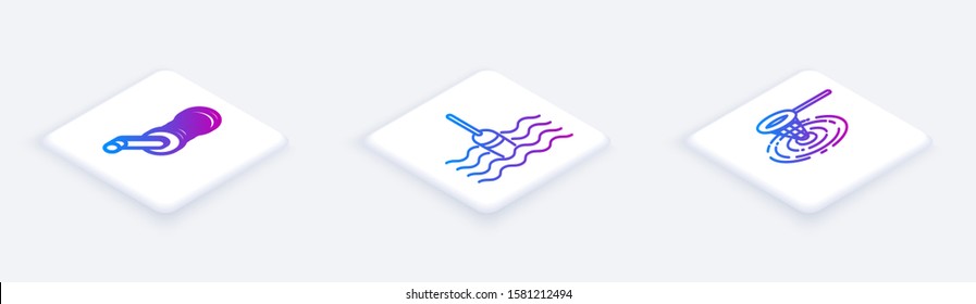 Set Isometric line Spinning reel for fishing, Fishing float in water and Fishing net in water. White square button. Vector