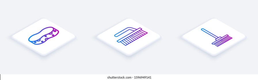Set Isometric line Sponge , Brush for cleaning  and Mop . White square button. Vector