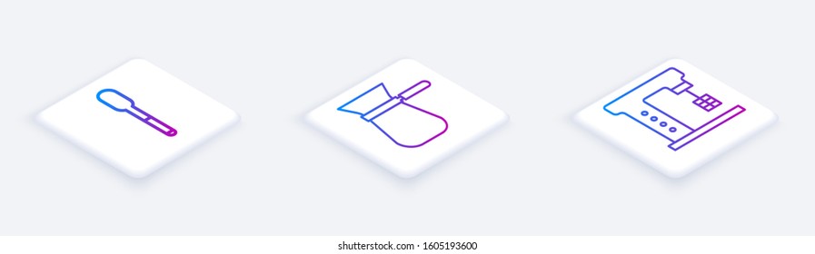 Set Isometric line Spoon, Coffee turk and Electric mixer. White square button. Vector