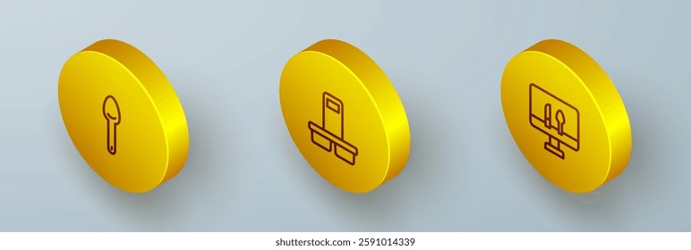 Set Isometric line Spoon, Coffee cup to go and Online ordering food icon. Vector