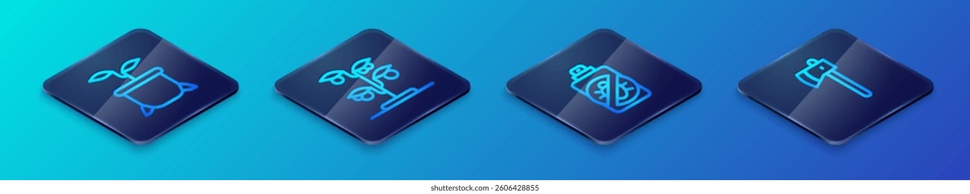 Set Isometric line Spray against insects, Plant pot, Wooden axe and Sprout icon. Vector
