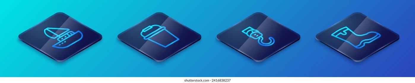 Set Isometric line Spring scale, Yacht sailboat, Fishing boots and bucket icon. Vector