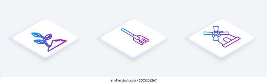 Set Isometric line Sprout, Garden rake and Windmill. White square button. Vector