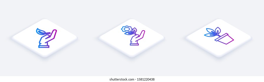 Set Isometric line Sprout in hand of environmental protection, Hand holding flower and Flowers in pot. White square button. Vector