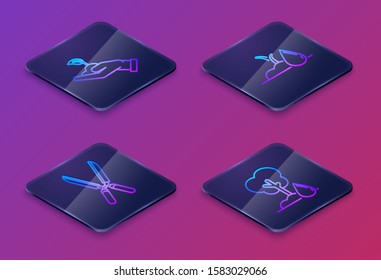 Set Isometric line Sprout in hand of environmental protection, Gardening handmade scissors for trimming, Watering sprout and Watering Tree. Blue square button. Vector