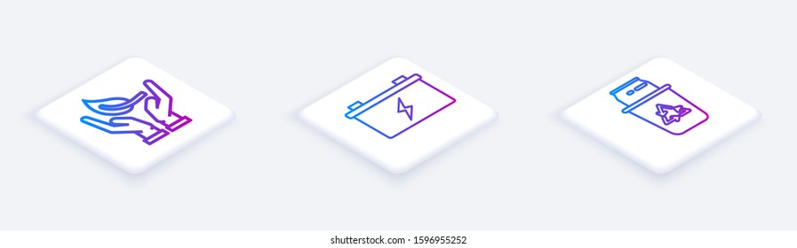 Set Isometric line Sprout in hand of environmental protection, Car battery and Recycle bin with recycle symbol and can. White square button. Vector