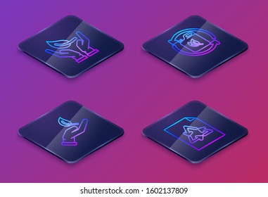 Set Isometric line Sprout in hand of environmental protection, Sprout in hand of environmental protection, Bio fuel canister and Paper with recycle. Blue square button. Vector