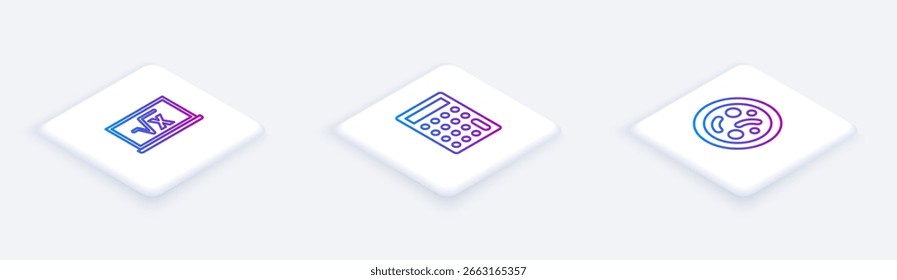 Set Isometric line Square root of x glyph, Calculator and Bacteria. White square button. Vector